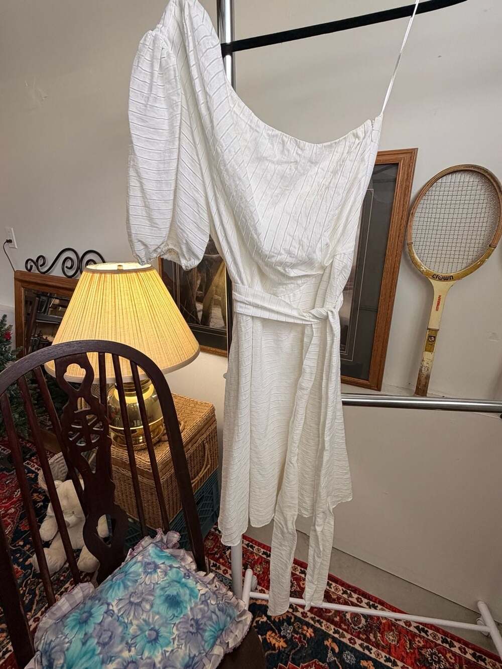 White Boho Dress One Shoulder Puff Coastal Farm Girl Milkmaid Cottage Midi Sz M